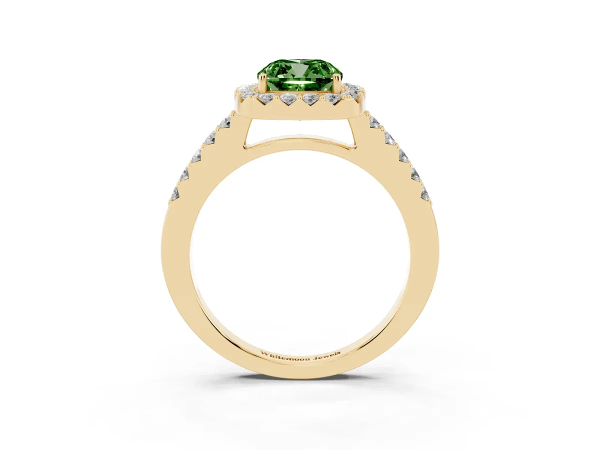 Fancy Green Cushion Cut Halo Diamond Pavé Solitaire Ring Yellow gold