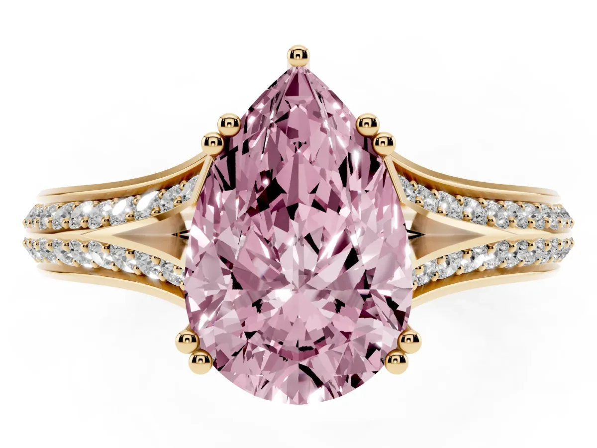 Fancy Pink Pear Cut Diamond Split Shank Engagement Ring with Pavé Band Yellow gold