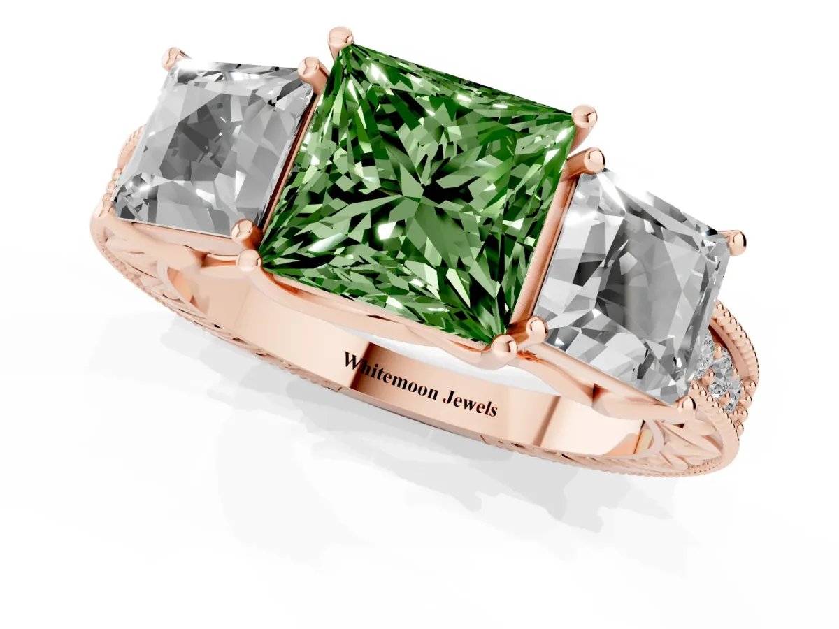 Fancy Green Three-Stone Princess Cut Cut Milgrain Pavé Engagement Ring Rose gold