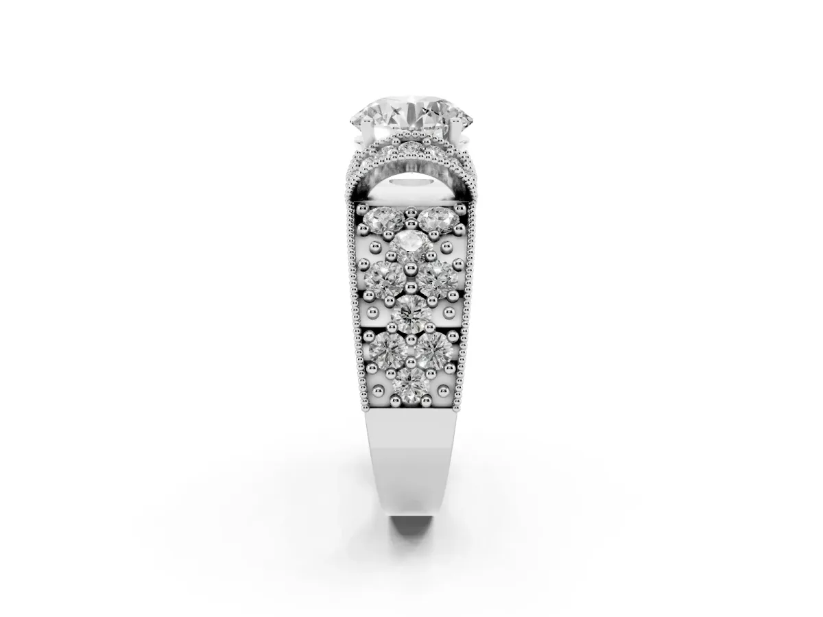 Round Cut Halo Pave Diamond Engagement Ring with Milgrain Detailing Silver
