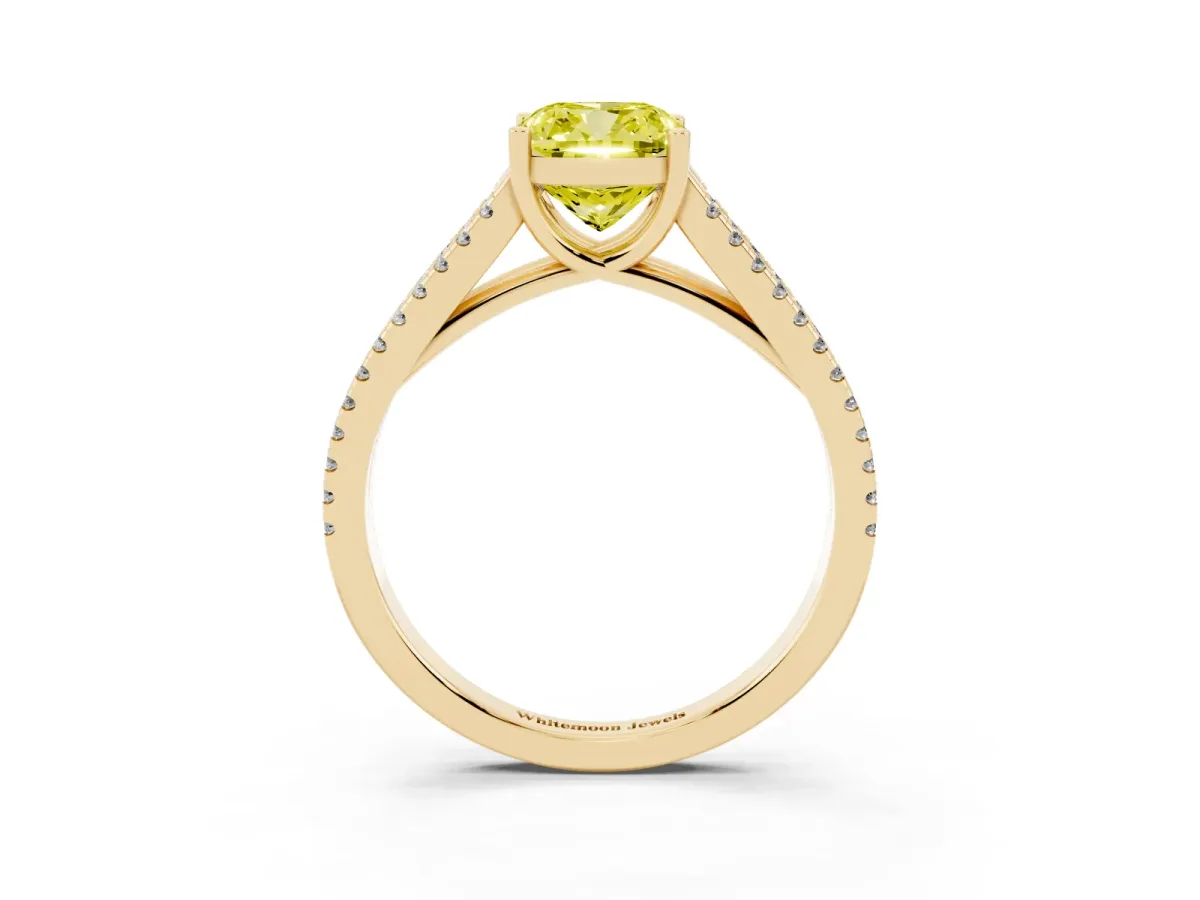 Fancy Yellow Cushion Cut Diamond Solitaire Engagement Ring with Split Shank Pavé Band Yellow gold