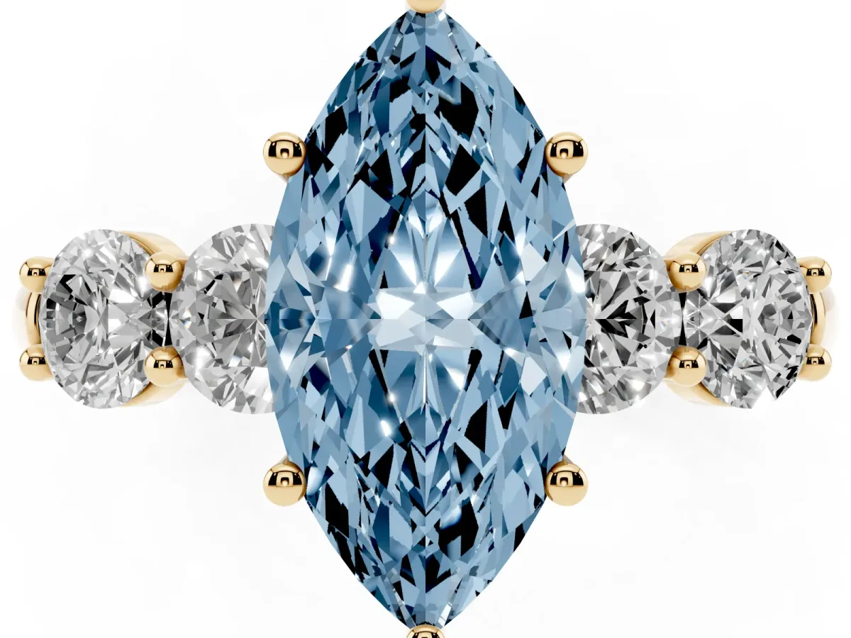 Fancy Blue Marquise Cut Cut Five-Stone Prong Set Diamond Ring with Classic Band Yellow gold