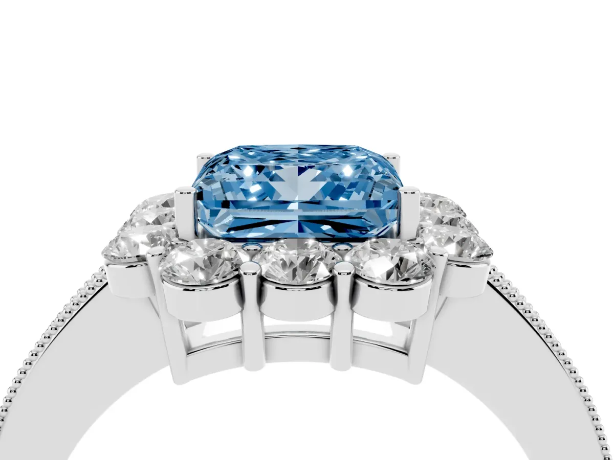 Fancy Blue Princess Cut Cut Halo Diamond Pavé Engagement Ring with Milgrain Detailing Silver