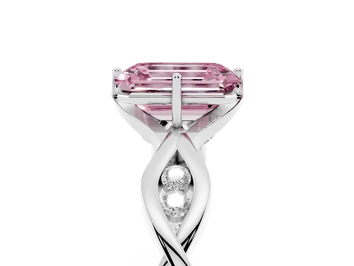 Fancy Pink Emerald Cut Solitaire Twist Band with Leaf Prong Setting White gold