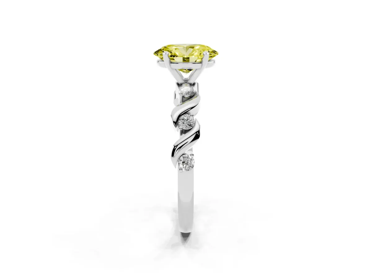Fancy Yellow Oval Cut Diamond Solitaire Twisted Band with Round Accents and Prong Setting Silver