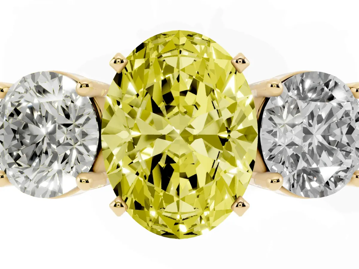Fancy Yellow Three-Stone Oval Cut Diamond Ring with Round Side Stones, Classic Band, and Four-Prong Setting Yellow gold