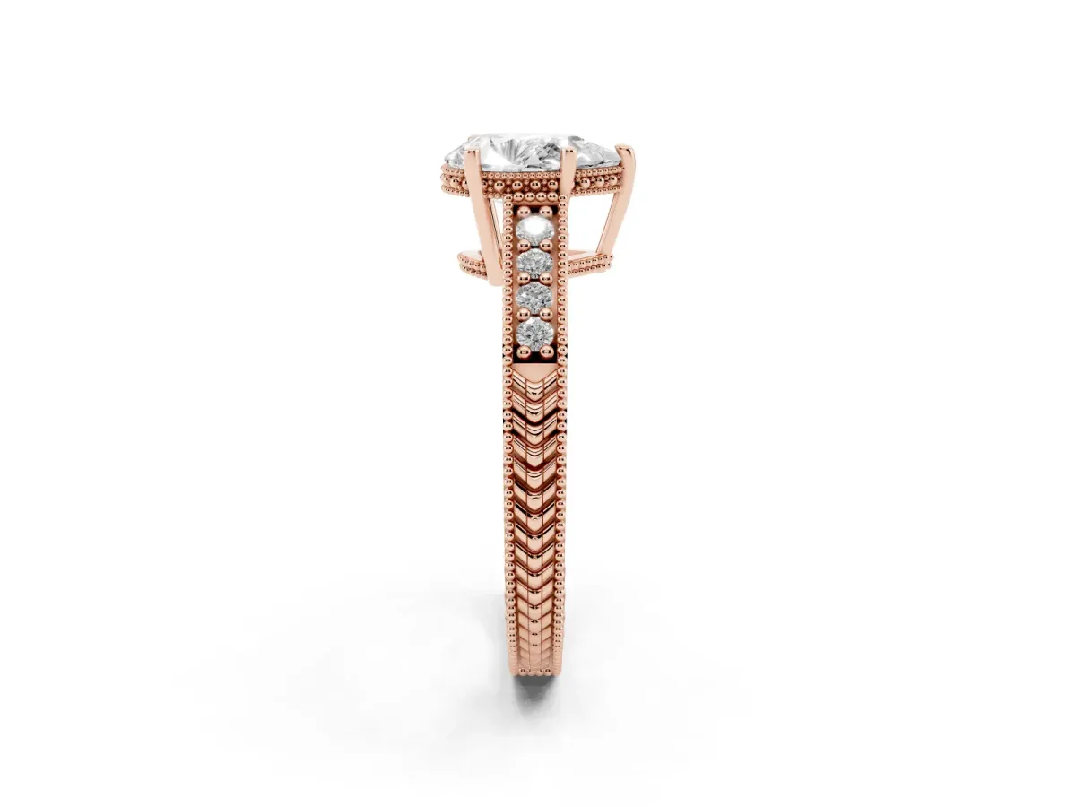 Pear Cut Solitaire Pavé Diamond Milgrain Engagement Ring with Four-Prong Setting Rose gold