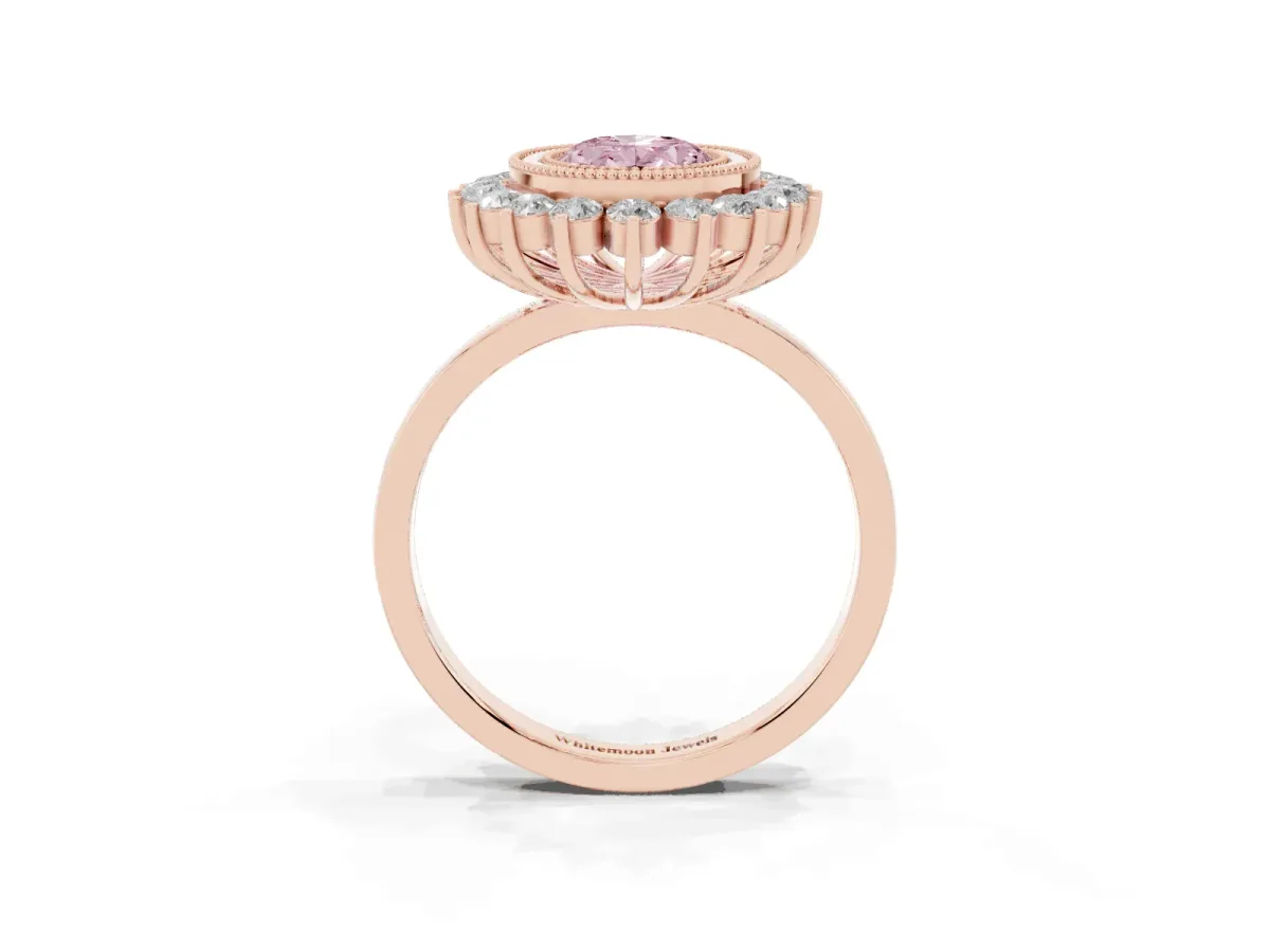 Fancy Pink Oval Cut Halo Diamond Ring with Milgrain Edge and Round Prong Setting Rose gold