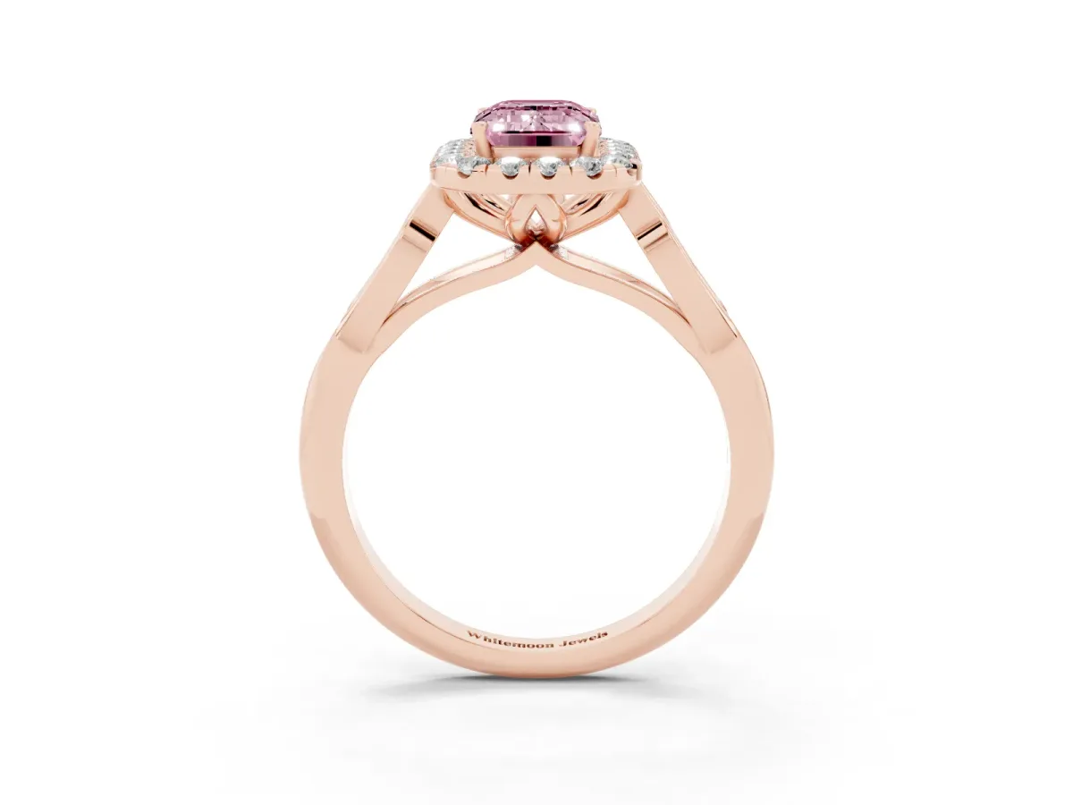 Fancy Pink Emerald Cut Halo Diamond Engagement Ring with Filigree Band and Four-Prong Setting Rose gold