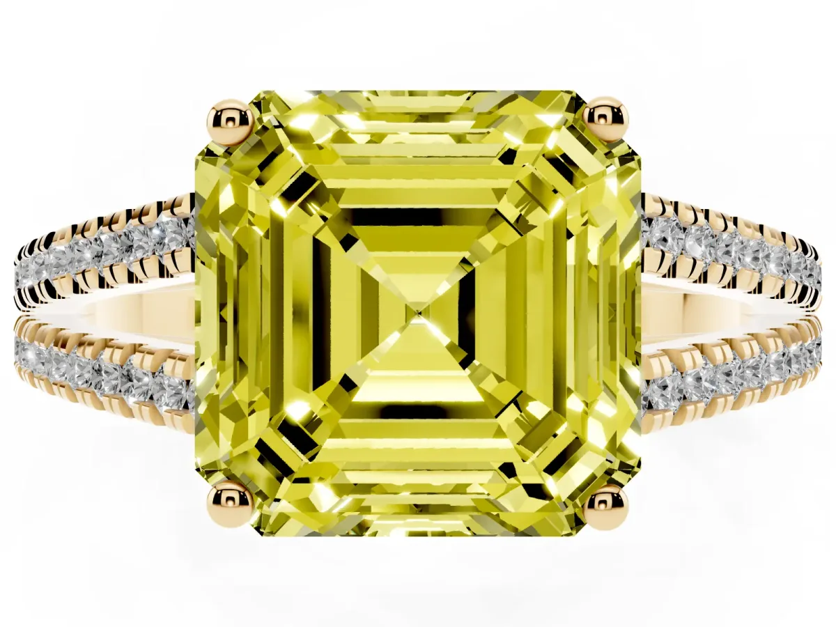 Fancy Yellow Asscher Cut Diamond Solitaire Engagement Ring with Split Shank Pavé Band Yellow gold