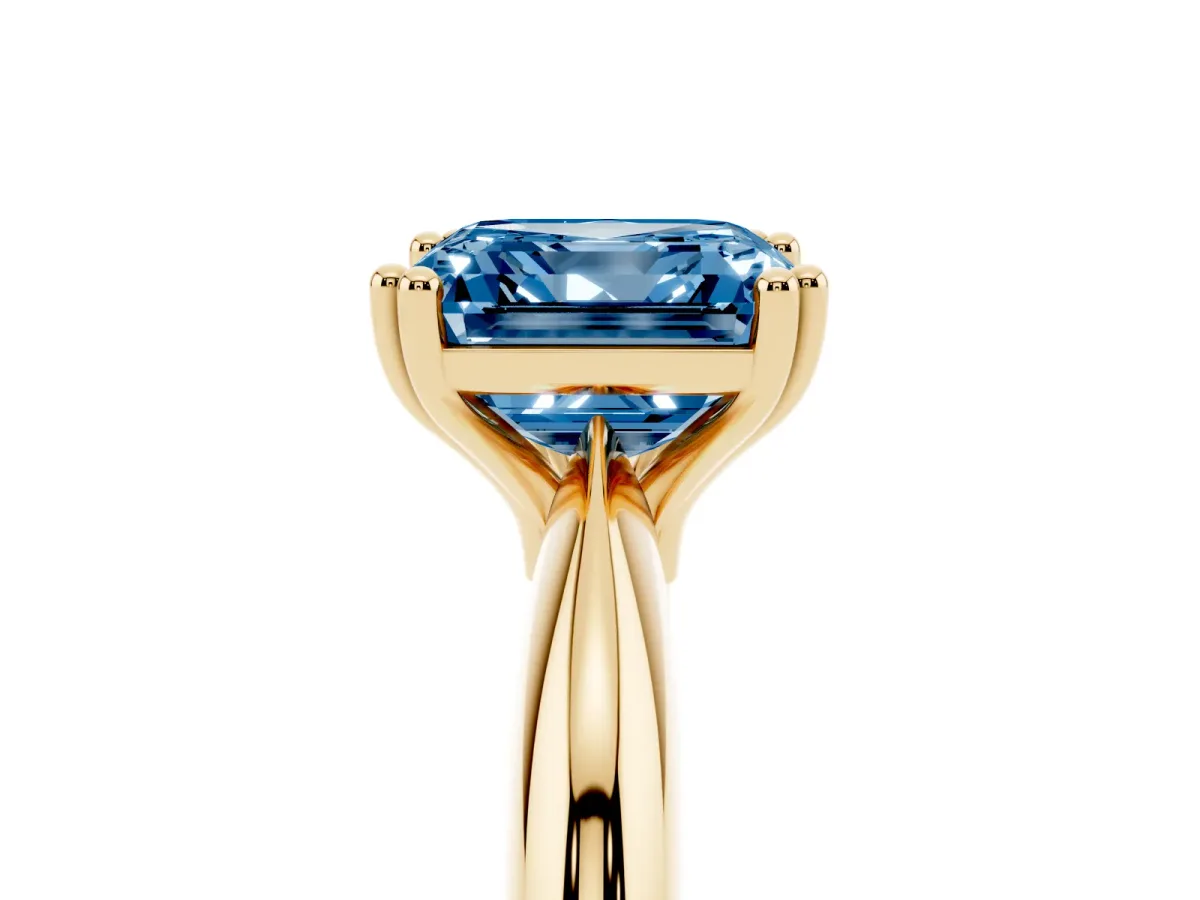 Fancy Blue Asscher Cut Cut Solitaire Engagement Ring with Tapered Band and Four-Prong Setting Yellow gold