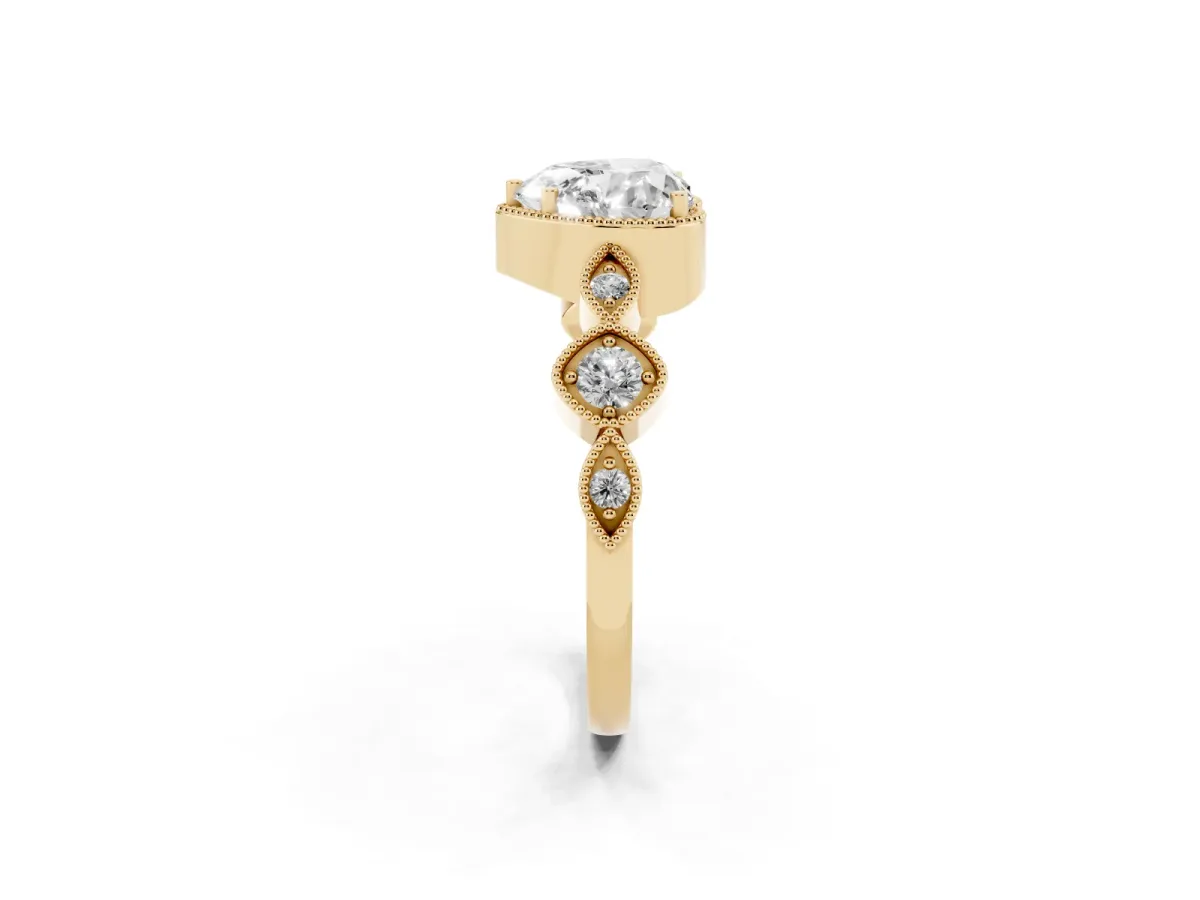 Heart Cut Diamond Vintage Milgrain Ring with Round Stations Yellow gold
