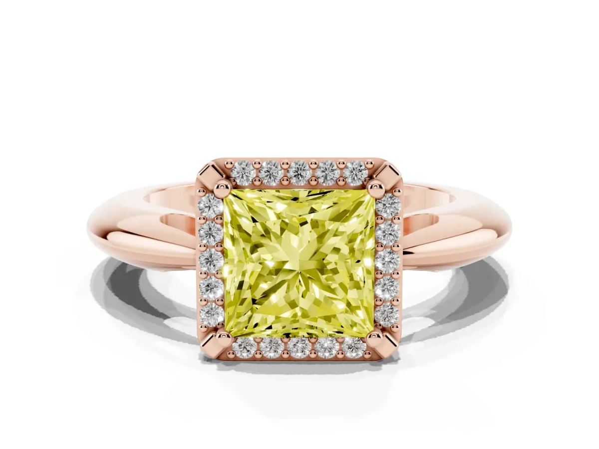 Fancy Yellow Princess Cut Cut Diamond Halo Engagement Ring with Split Shank and Four-Prong Setting Rose gold