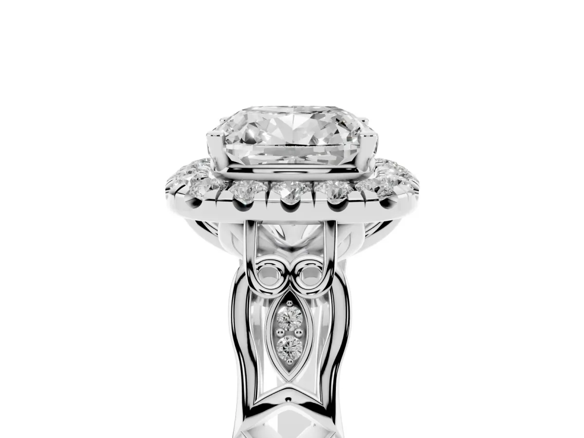 Cushion Cut Halo Diamond Engagement Ring with Filigree Band and Four-Prong Setting White gold