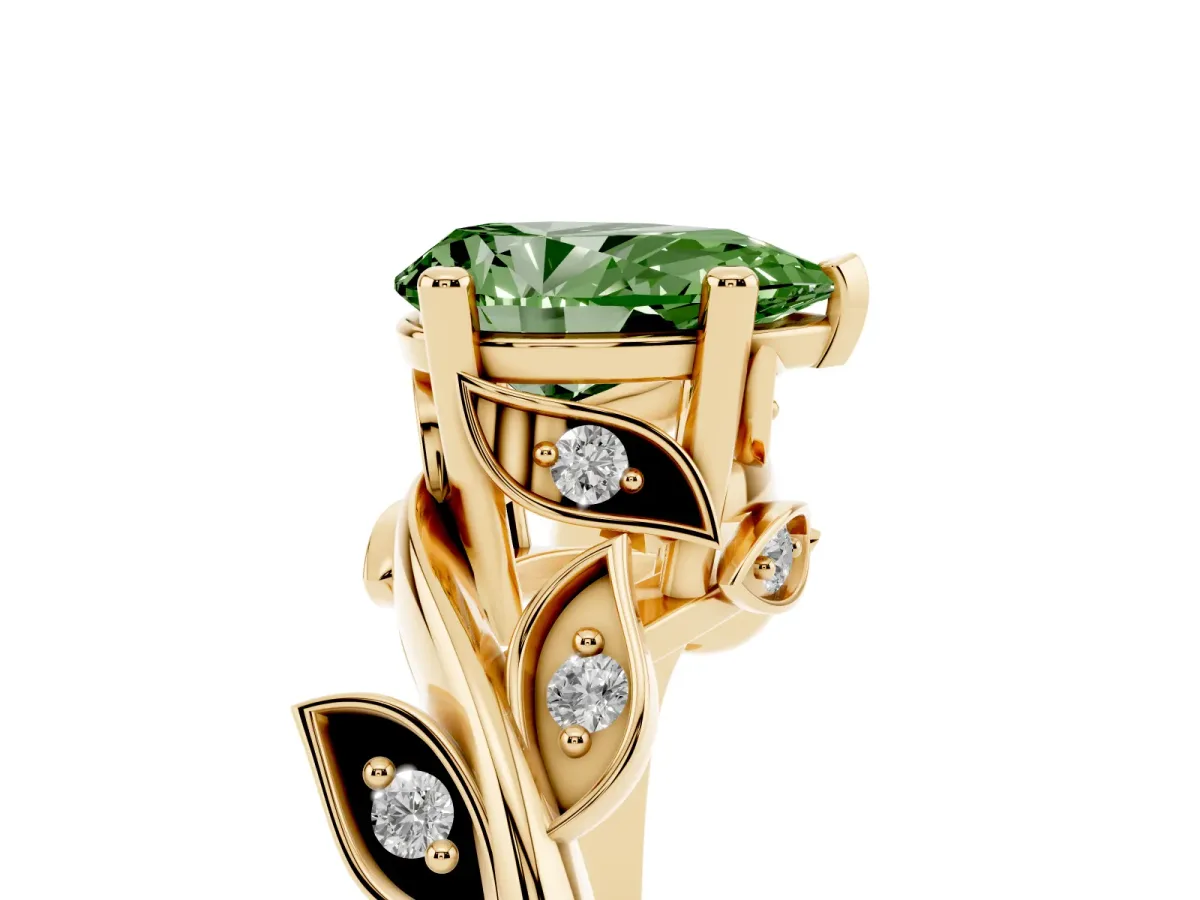 Fancy Green Pear Cut Solitaire Twist Engagement Ring with Leaf Accents and Prong Setting Yellow gold