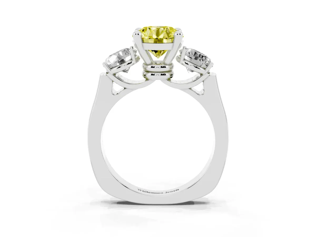 Fancy Yellow Three-Stone Round Cut Brilliant Diamond Trellis Ring with Comfort Fit Band White gold