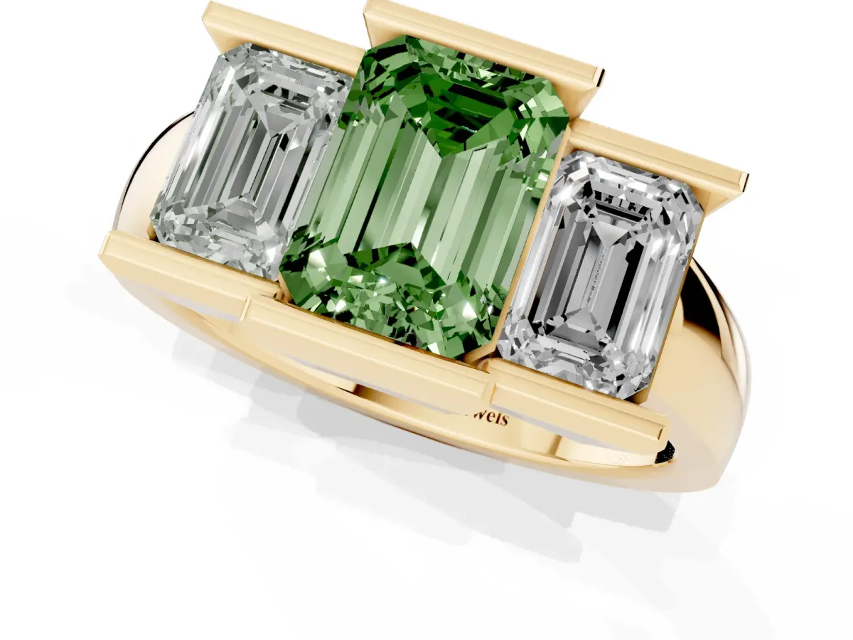 Fancy Green Three Stone Emerald Cut Cut Channel Set Diamond Ring Yellow gold