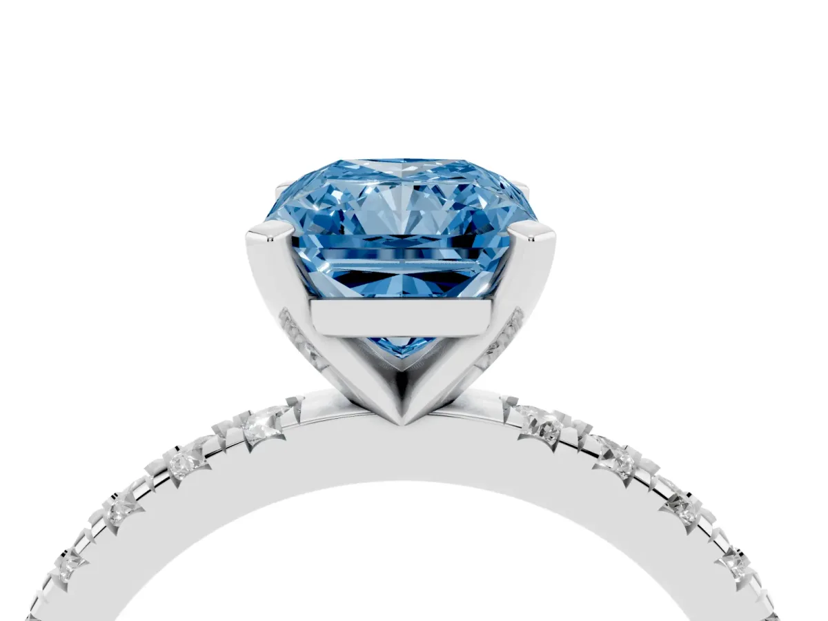 Fancy Blue Radiant Cut Diamond Pavé Band Solitaire with Four-Prong Setting Silver