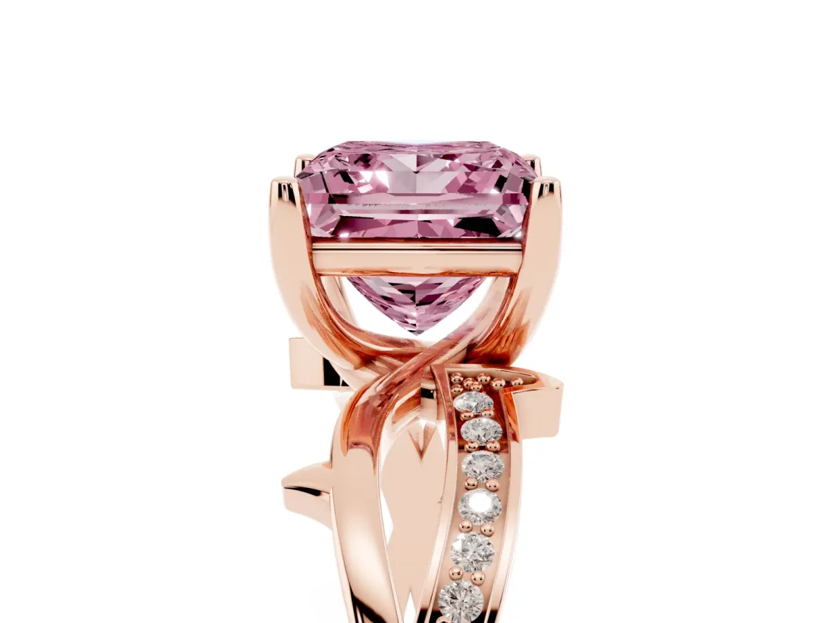 Fancy Pink Princess Cut Solitaire Twist Band with Pavé Accents and Four-Prong Setting Rose gold