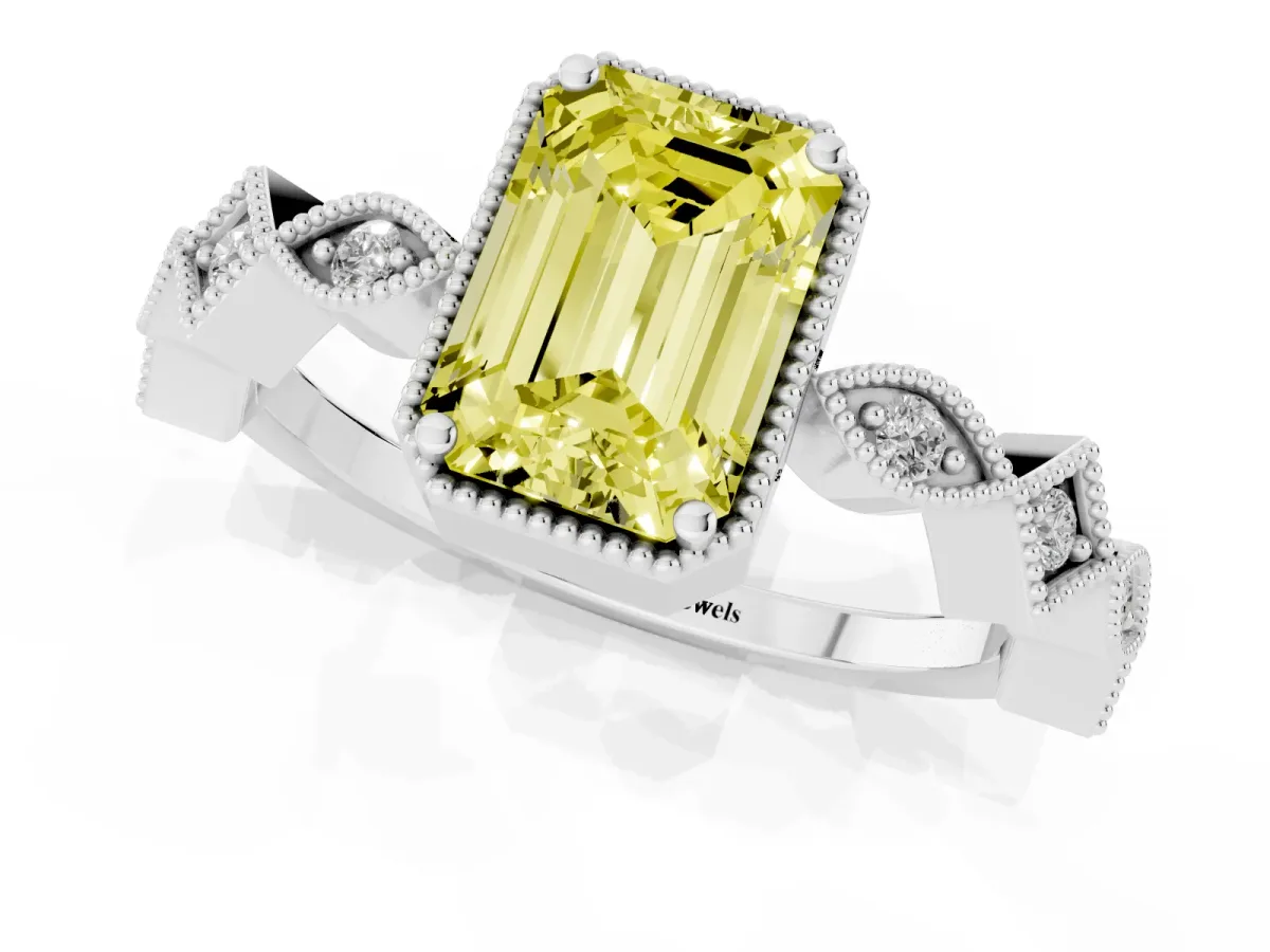 Fancy Yellow Emerald Cut Milgrain Marquise Diamond Twist Band Ring Silver
