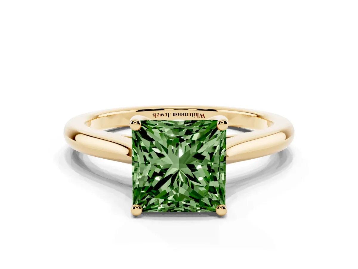 Fancy Green Princess Cut Cut Solitaire Ring with Cathedral Band and Four-Prong Setting Yellow gold