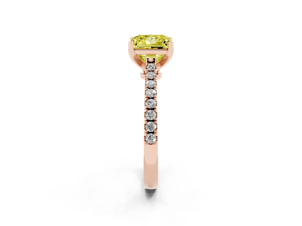 Fancy Yellow Princess Cut Cut Solitaire Diamond Engagement Ring with Pave Band and Four-Prong Setting Rose gold
