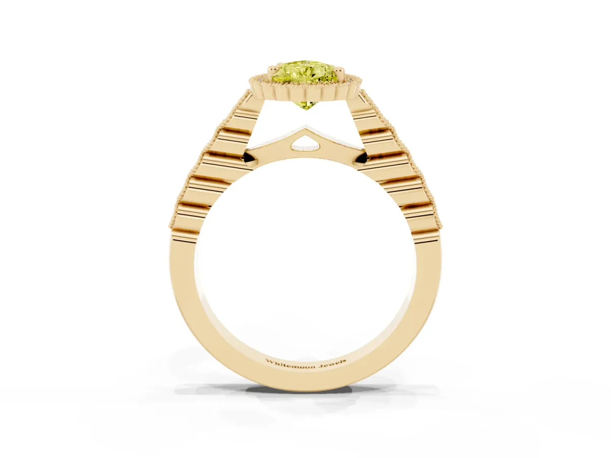 Fancy Yellow Pear Cut Cut Halo Pavé Solitaire Ring with Milgrain Band Yellow gold