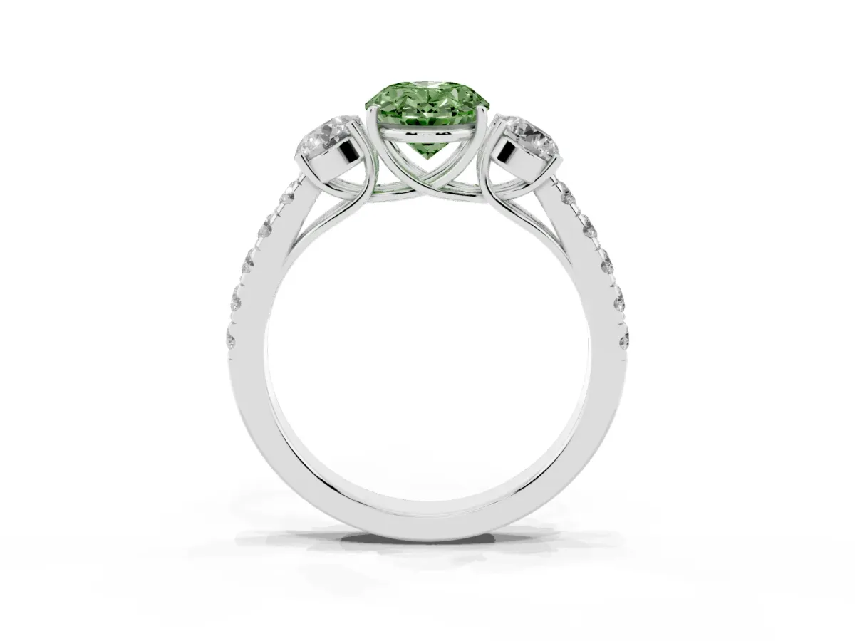 Fancy Green Oval Cut Cut Diamond Three-Stone Ring with Round Side Stones and Pavé Band Platinum