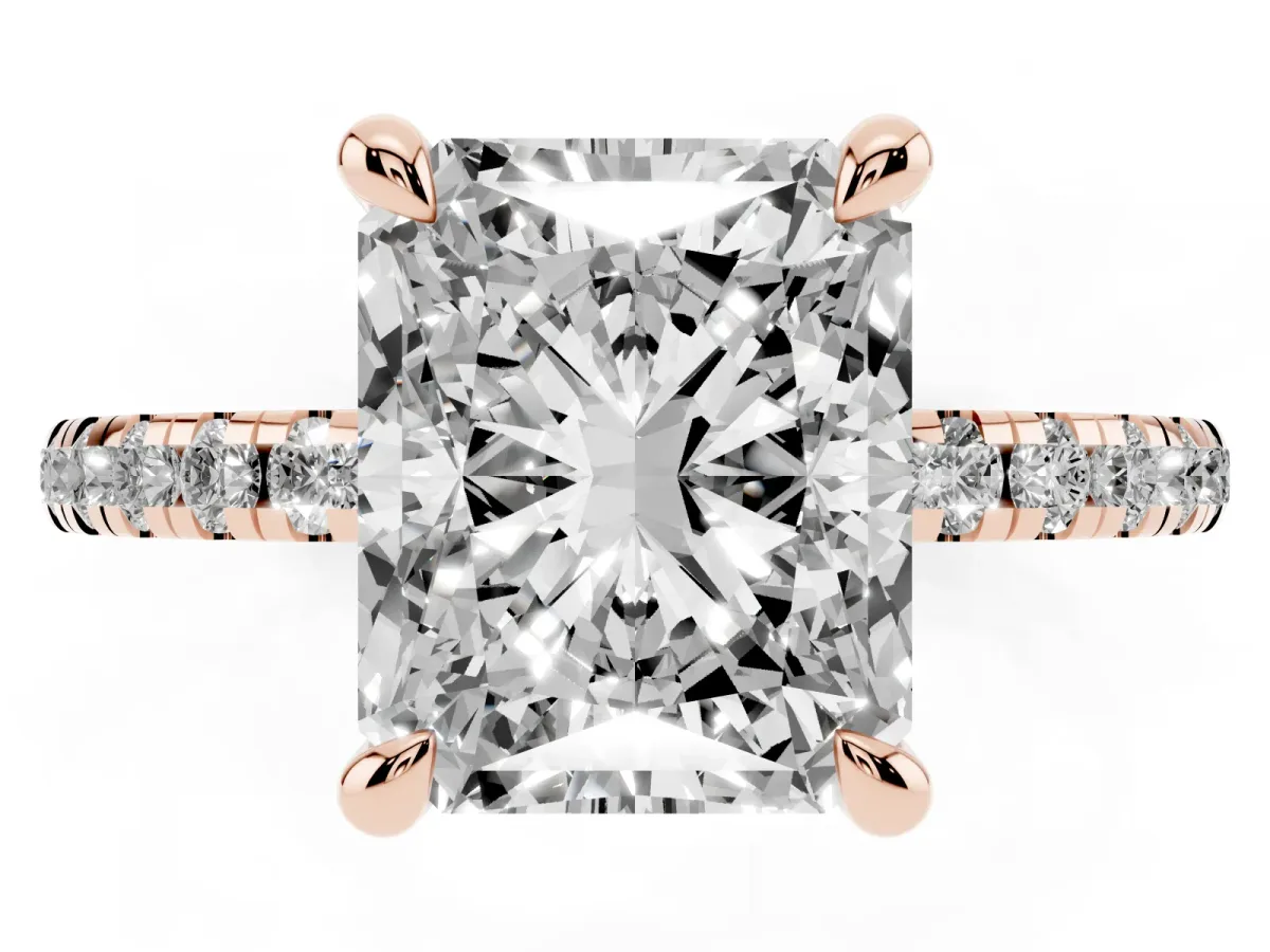 Radiant Cut Diamond Brilliant Solitaire Ring with Pavé Band and Four-Prong Setting Rose gold