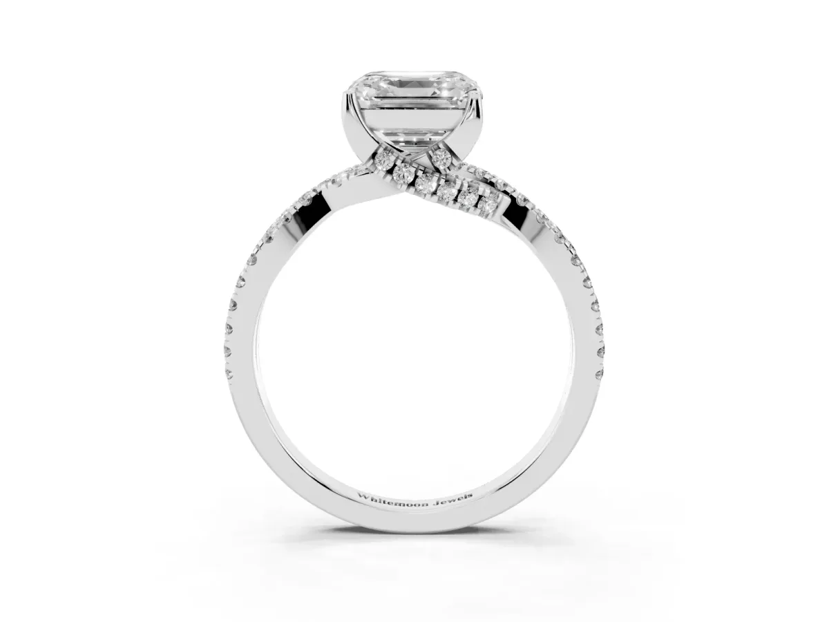 Asscher Cut Solitaire Twist Pave Diamond Engagement Ring with Prong Setting Silver