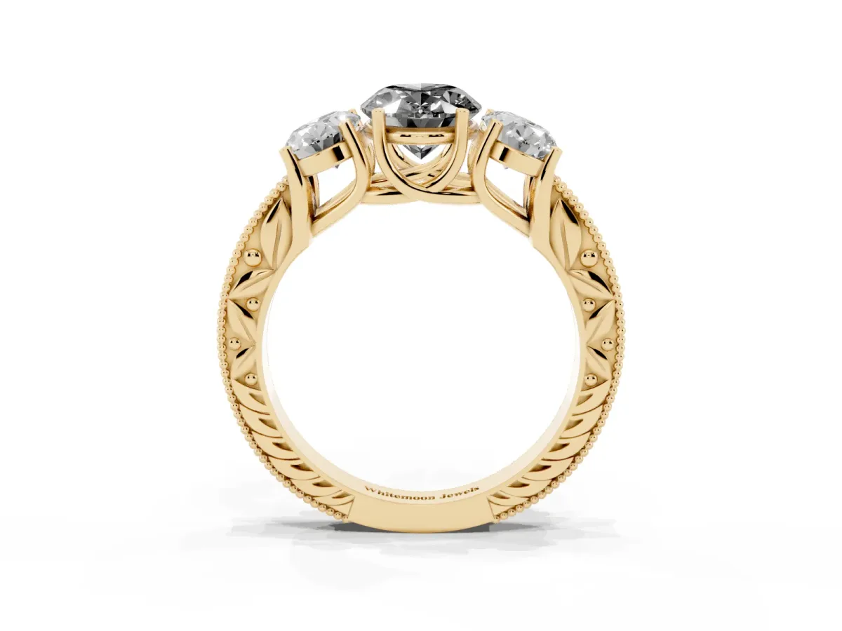 Fancy Black Three-Stone Oval Cut Cut Milgrain Pavé Engagement Ring Yellow gold