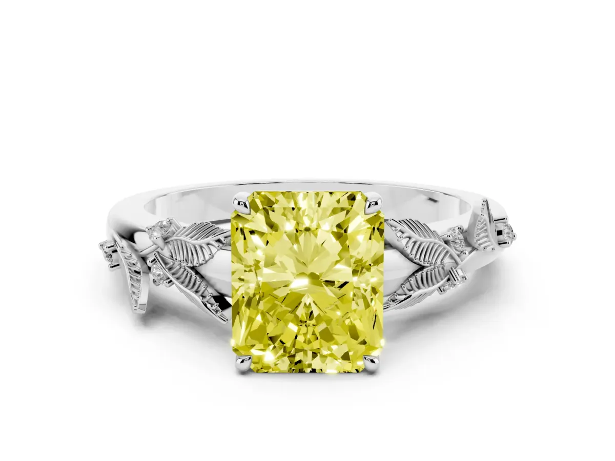 Fancy Yellow Radiant Cut Diamond Solitaire Ring with Leaf Motif Band and Four-Prong Setting Silver