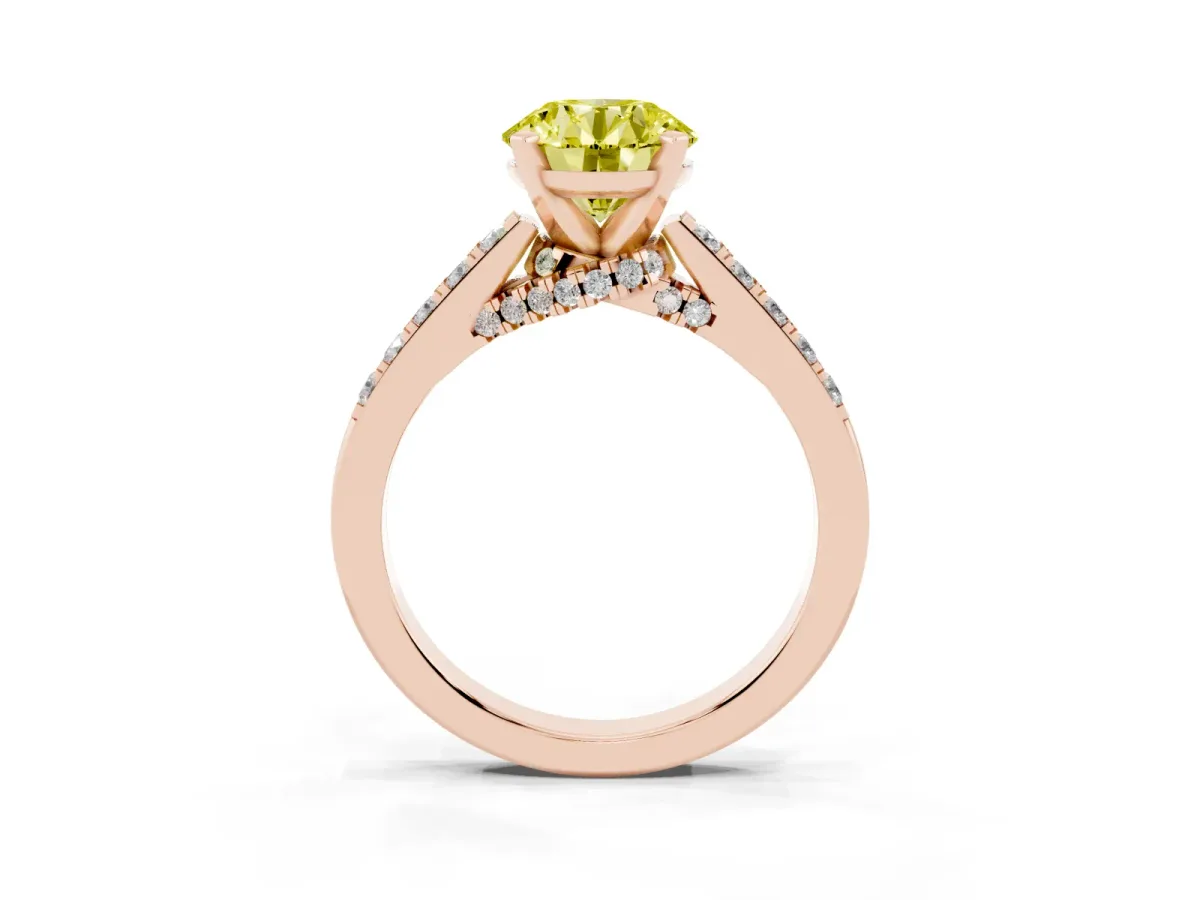 Fancy Yellow Round Cut Diamond Solitaire Ring with Crossover Gallery and Round Pavé Band Rose gold