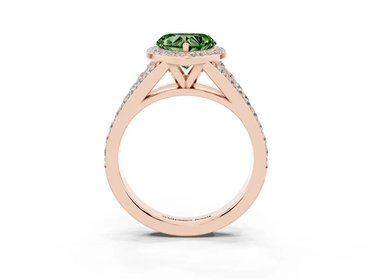 Fancy Green Heart Cut Diamond Split Shank Halo Ring with Four-Prong Setting Rose gold