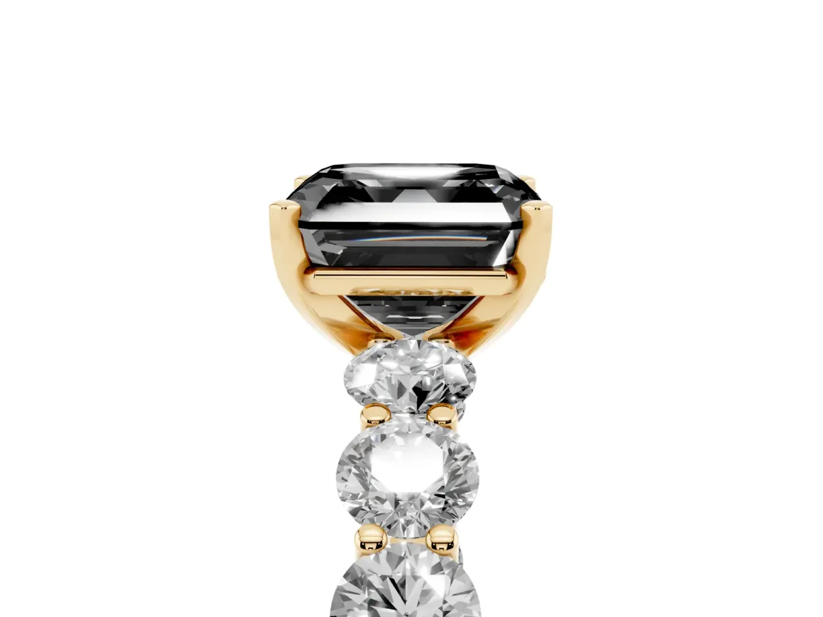 Fancy Black Asscher Cut Diamond Prong Setting with Side Stones on a Pave Band Yellow gold