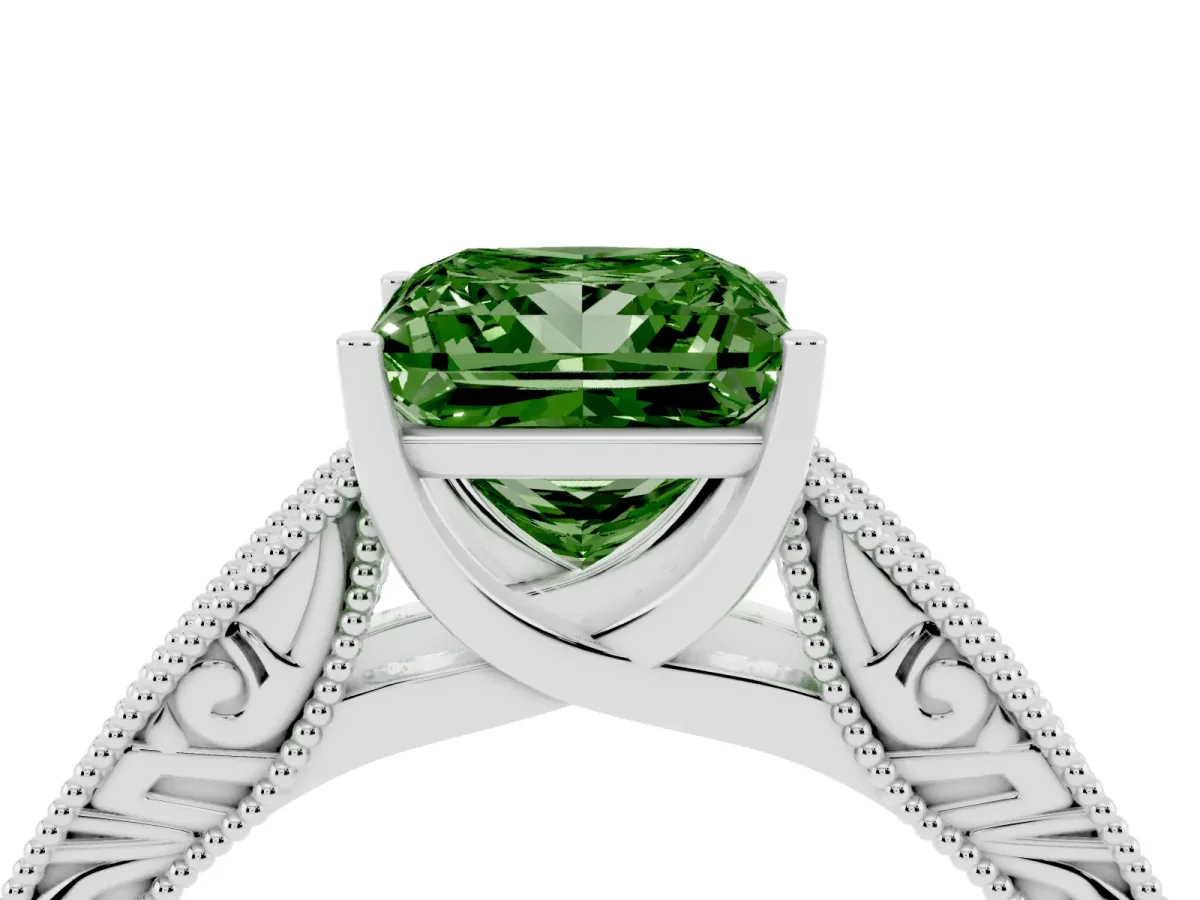 Fancy Green Princess Cut Diamond Solitaire Ring with Engraved Band and Four-Prong Setting Silver