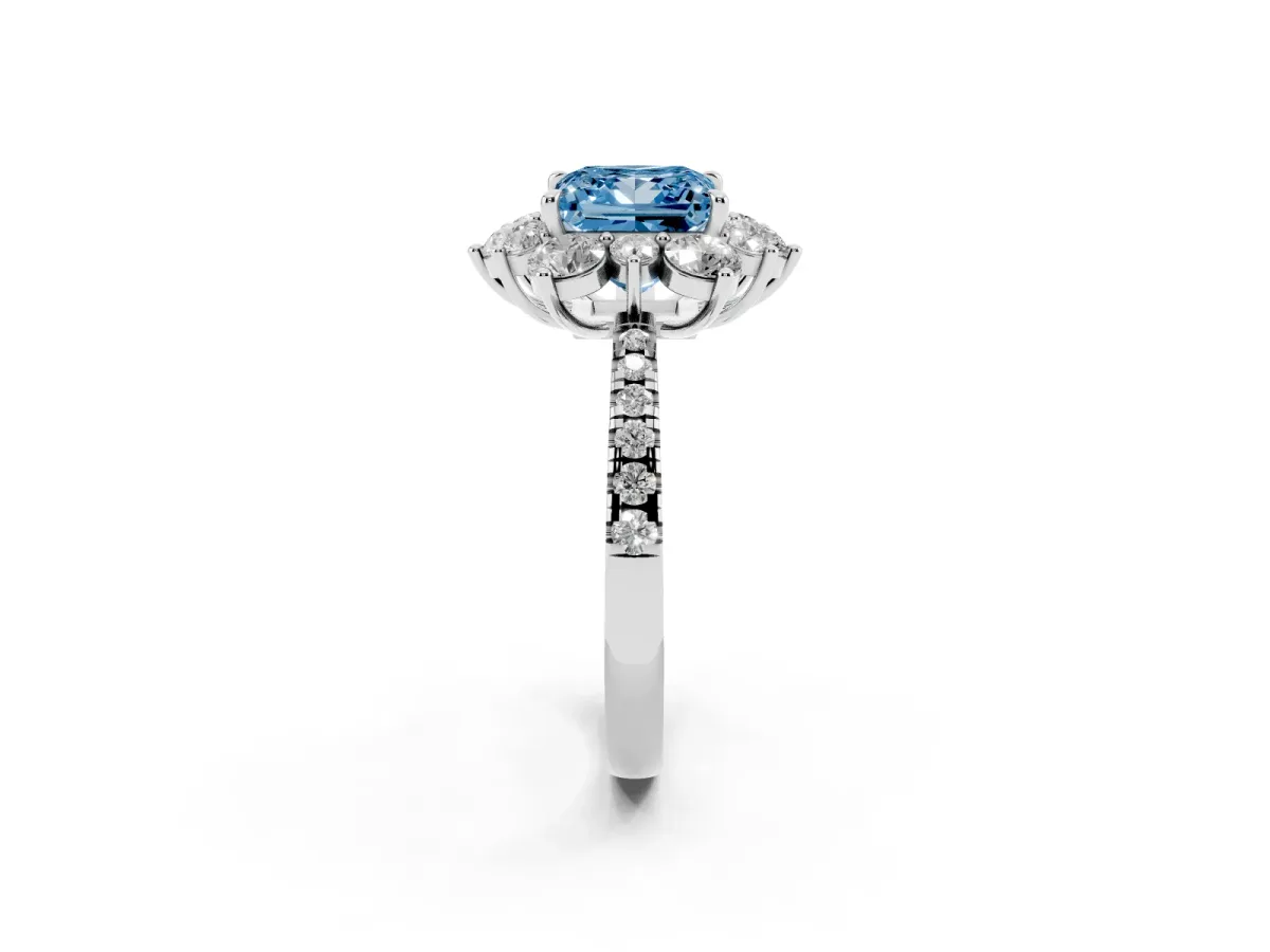 Fancy Blue Princess Cut Diamond Floral Halo Ring with Round Pavé Band and Prong Setting White gold