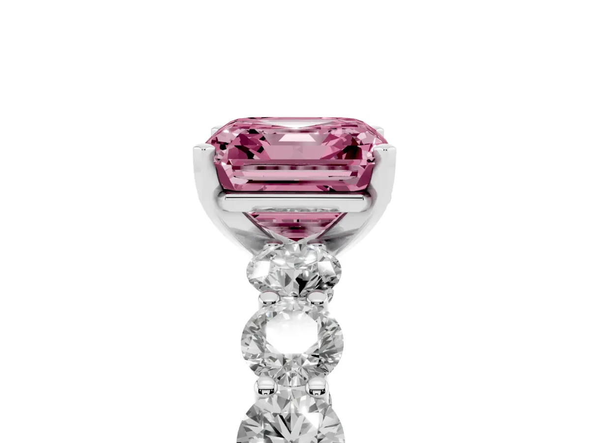 Fancy Pink Asscher Cut Diamond Prong Setting with Side Stones on a Pave Band Silver