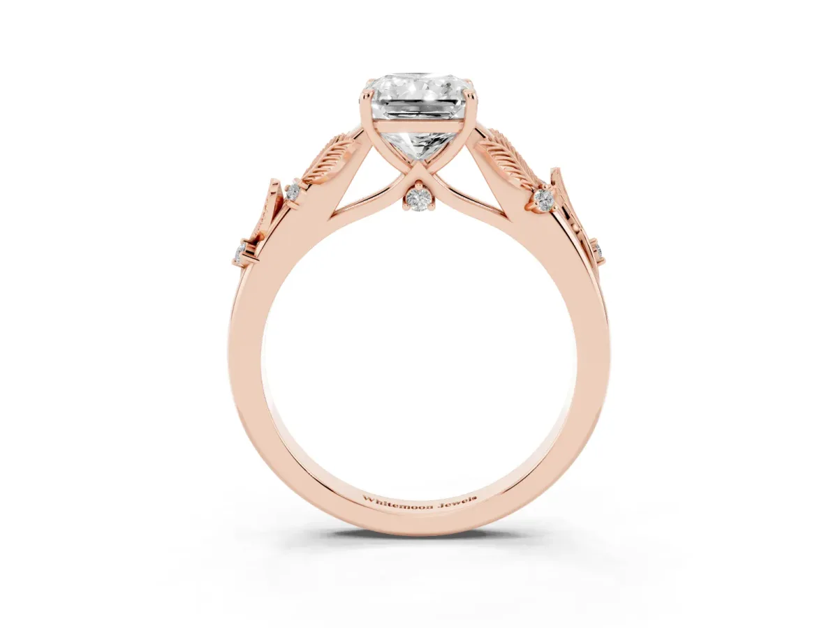 Radiant Cut Diamond Solitaire Ring with Leaf Motif Band and Four-Prong Setting Rose gold