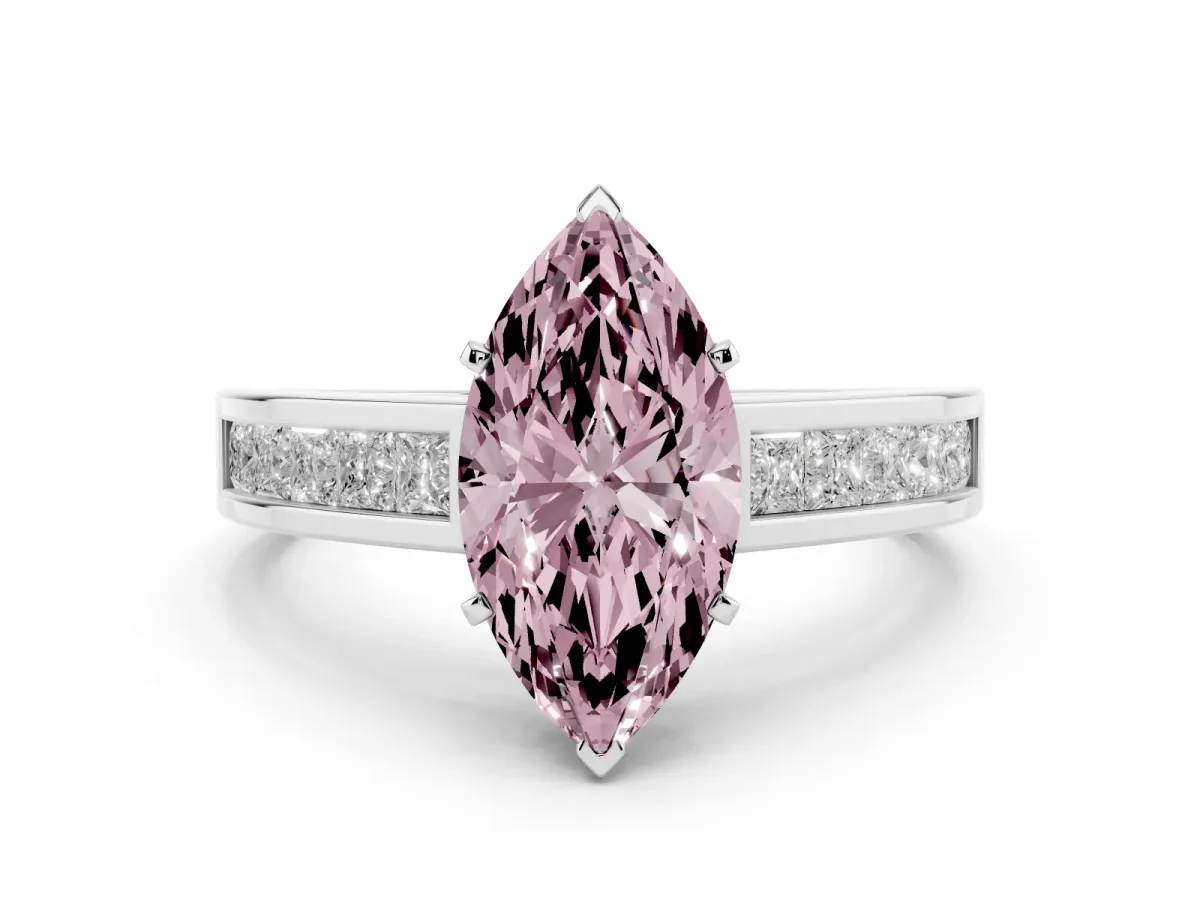 Fancy Pink Marquise Cut Solitaire Diamond Ring with Channel-Set Band and Four-Prong Setting White gold