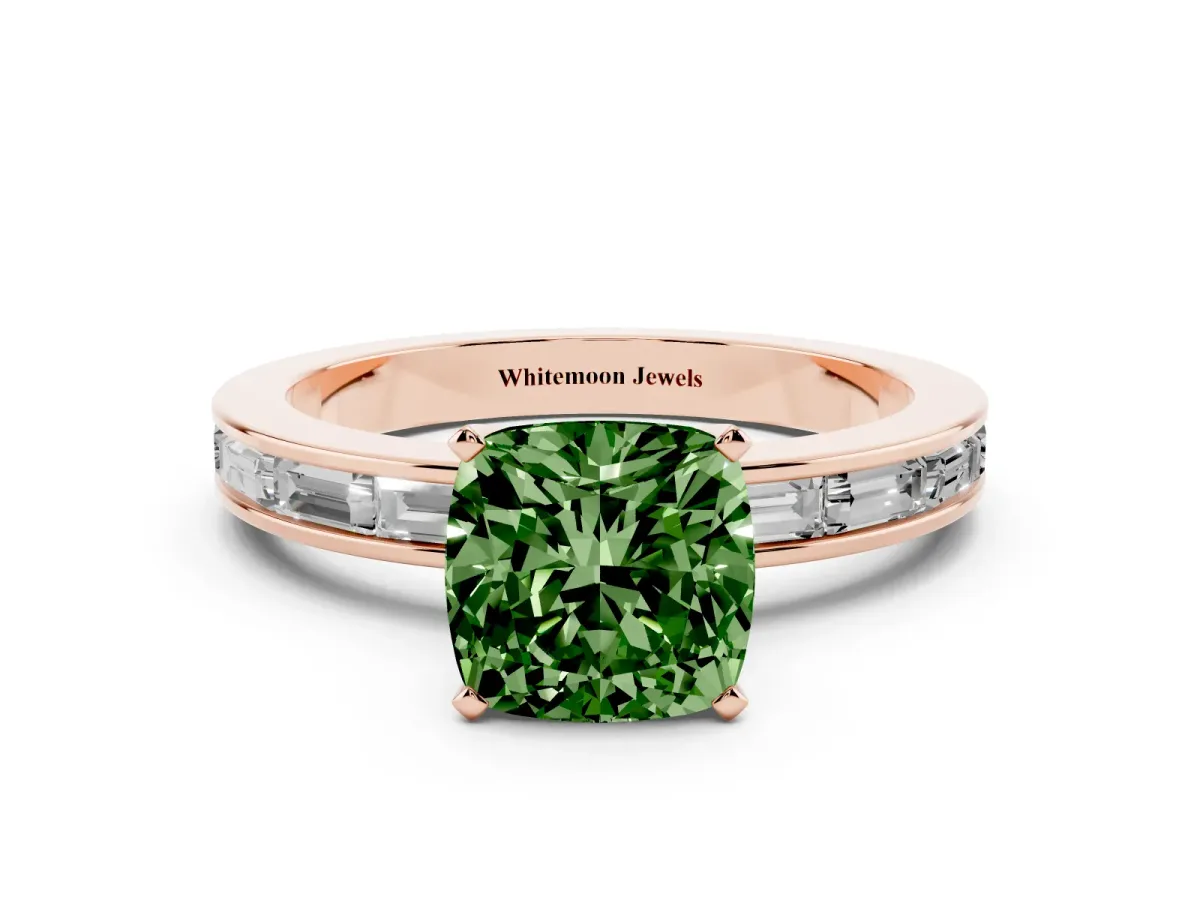 Fancy Green Cushion Cut Solitaire Diamond Ring with Channel-Set Baguette Band and Four-Prong Setting Rose gold