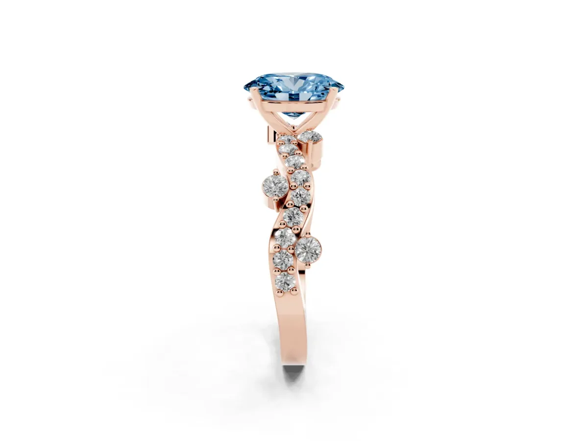 Fancy Blue Oval Cut Cut Solitaire Diamond Twisted Band with Pave Setting Rose gold