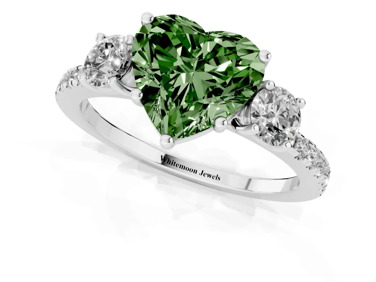 Fancy Green Three-Stone Heart Cut Cut Diamond Pavé Band with Prong Setting Silver