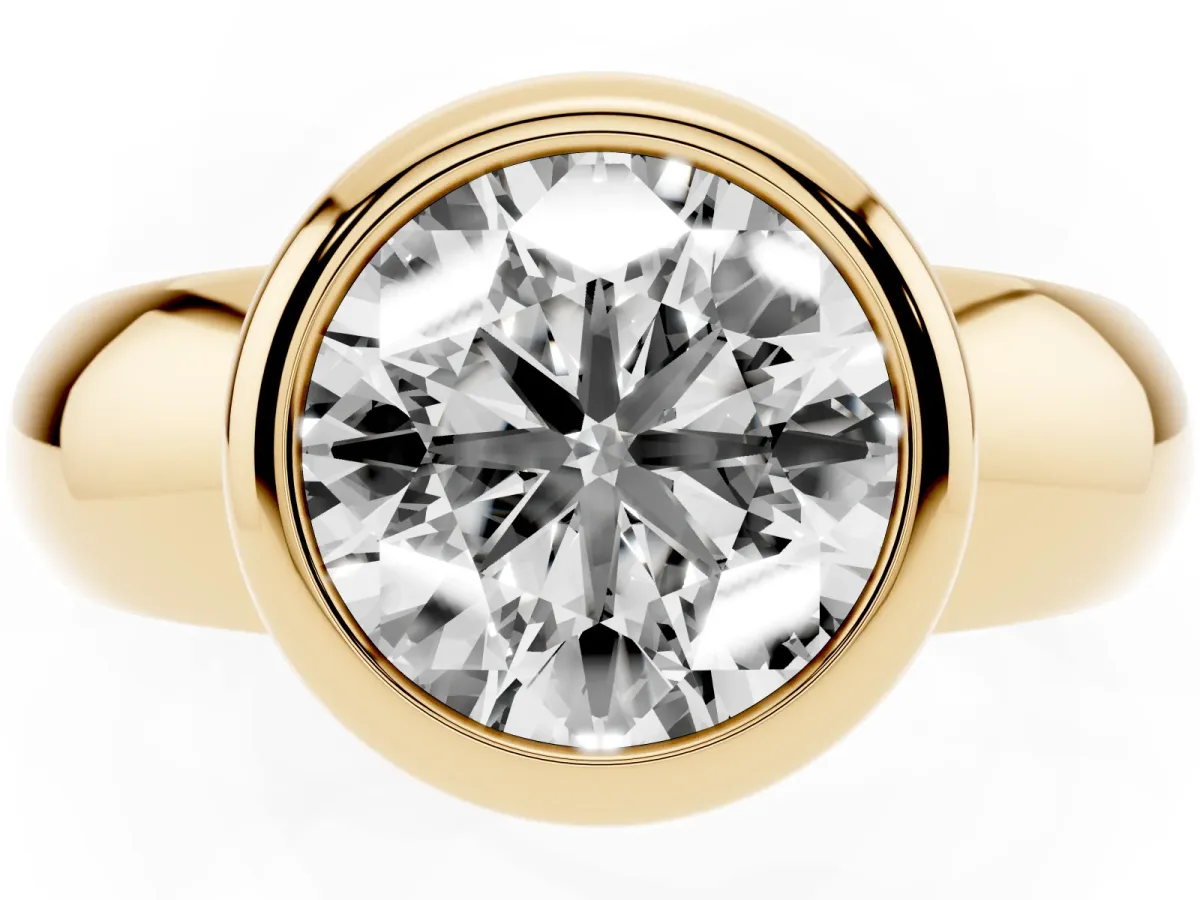 Bezel Set Round Cut Solitaire Ring with Wide Band Yellow gold