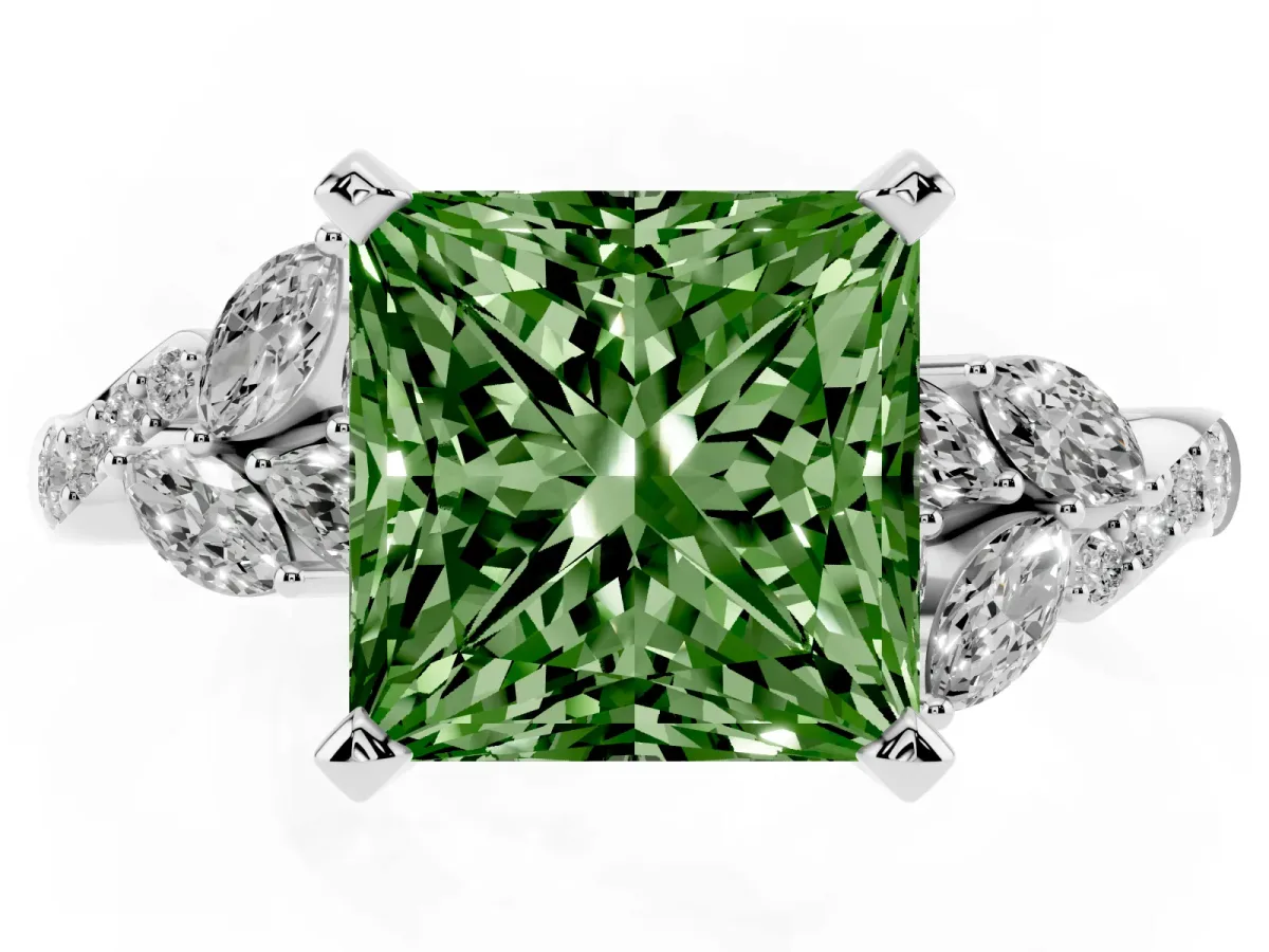 Fancy Green Princess Cut Solitaire Marquise Twist Band with Six-Prong Setting Silver