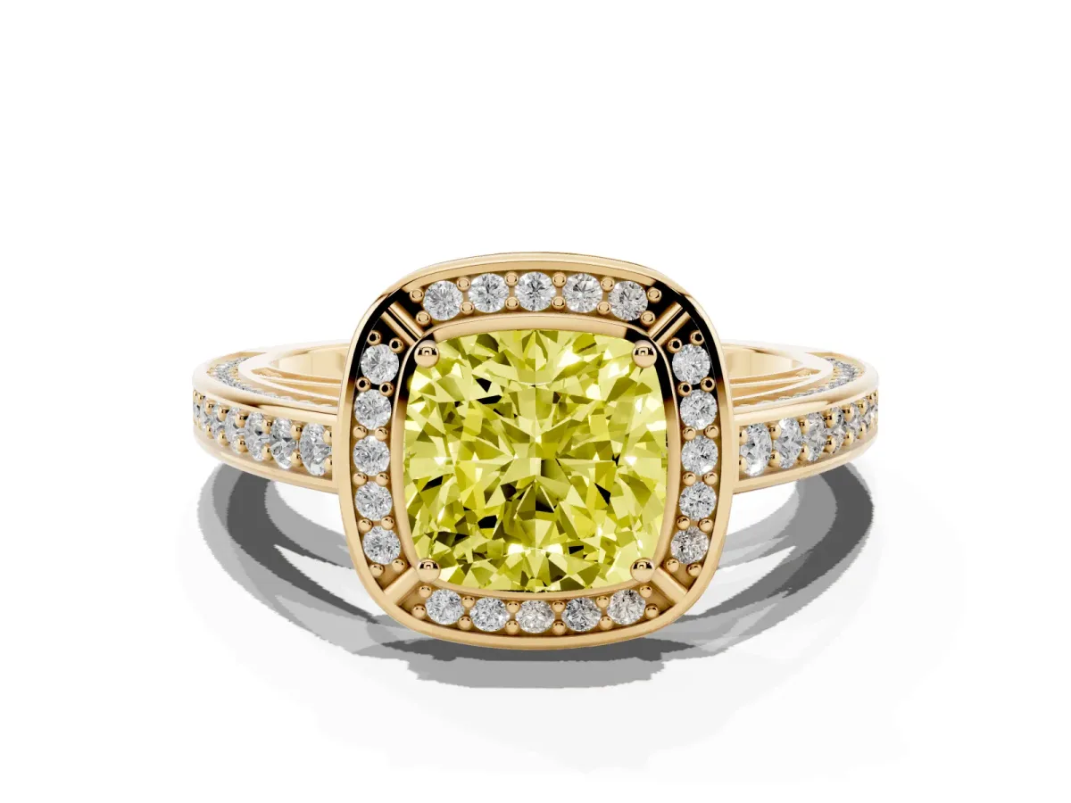 Fancy Yellow Cushion Cut Cut Halo Pave Split Shank Prong Setting Ring Yellow gold