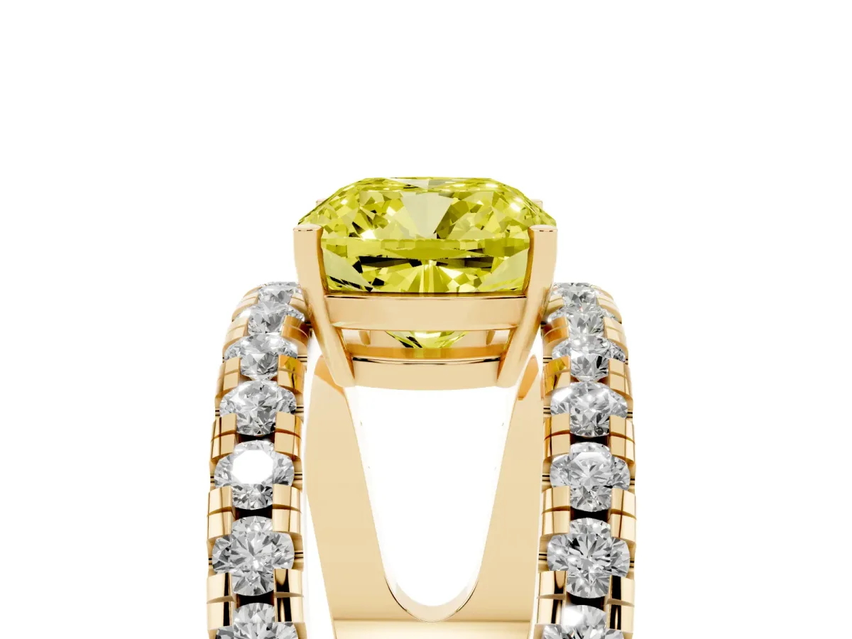 Fancy Yellow Cushion Cut Solitaire Split Shank Pave Diamond Ring Yellow gold