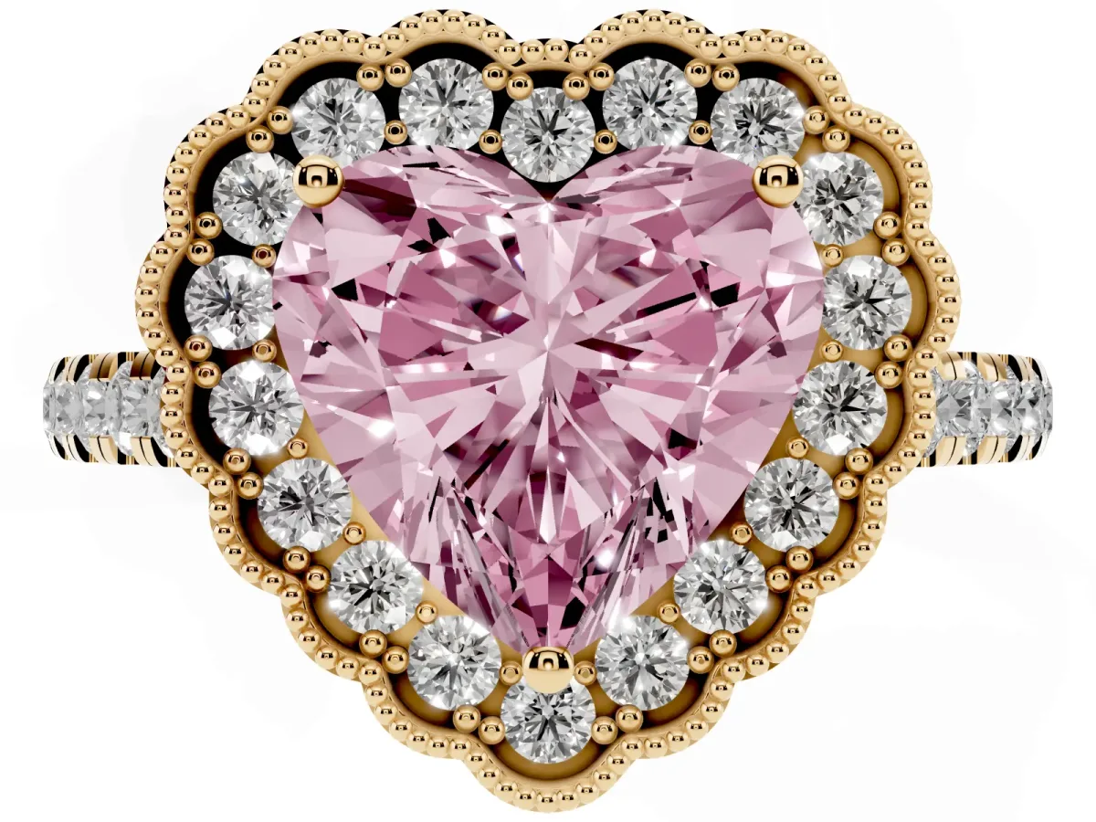 Fancy Pink Heart Cut Cut Diamond Milgrain Floral Halo Engagement Ring with Pavé Band Yellow gold