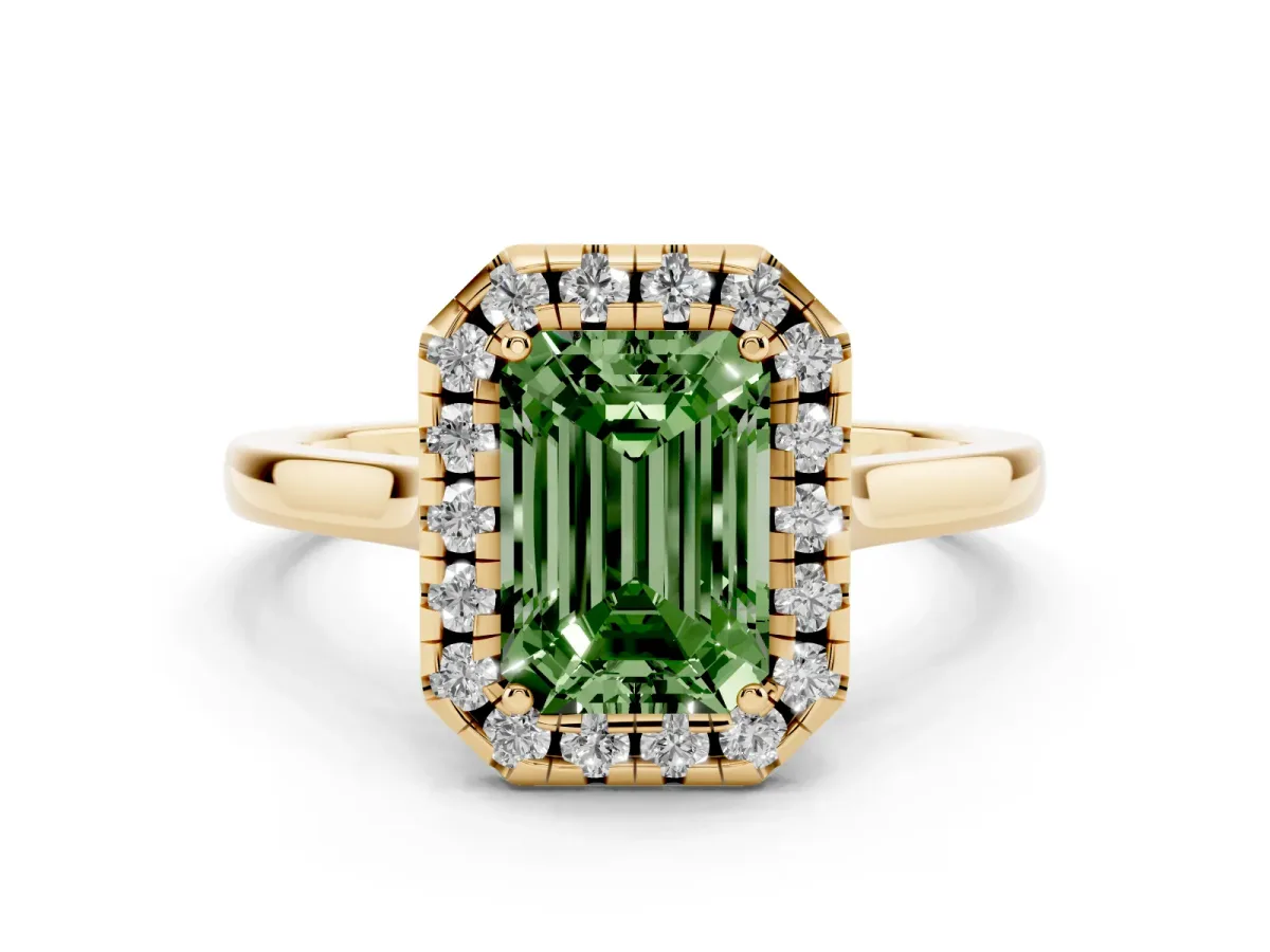 Fancy Green Emerald Cut Halo Round Diamond Solitaire Ring with Pavé Band and Four-Prong Setting Yellow gold