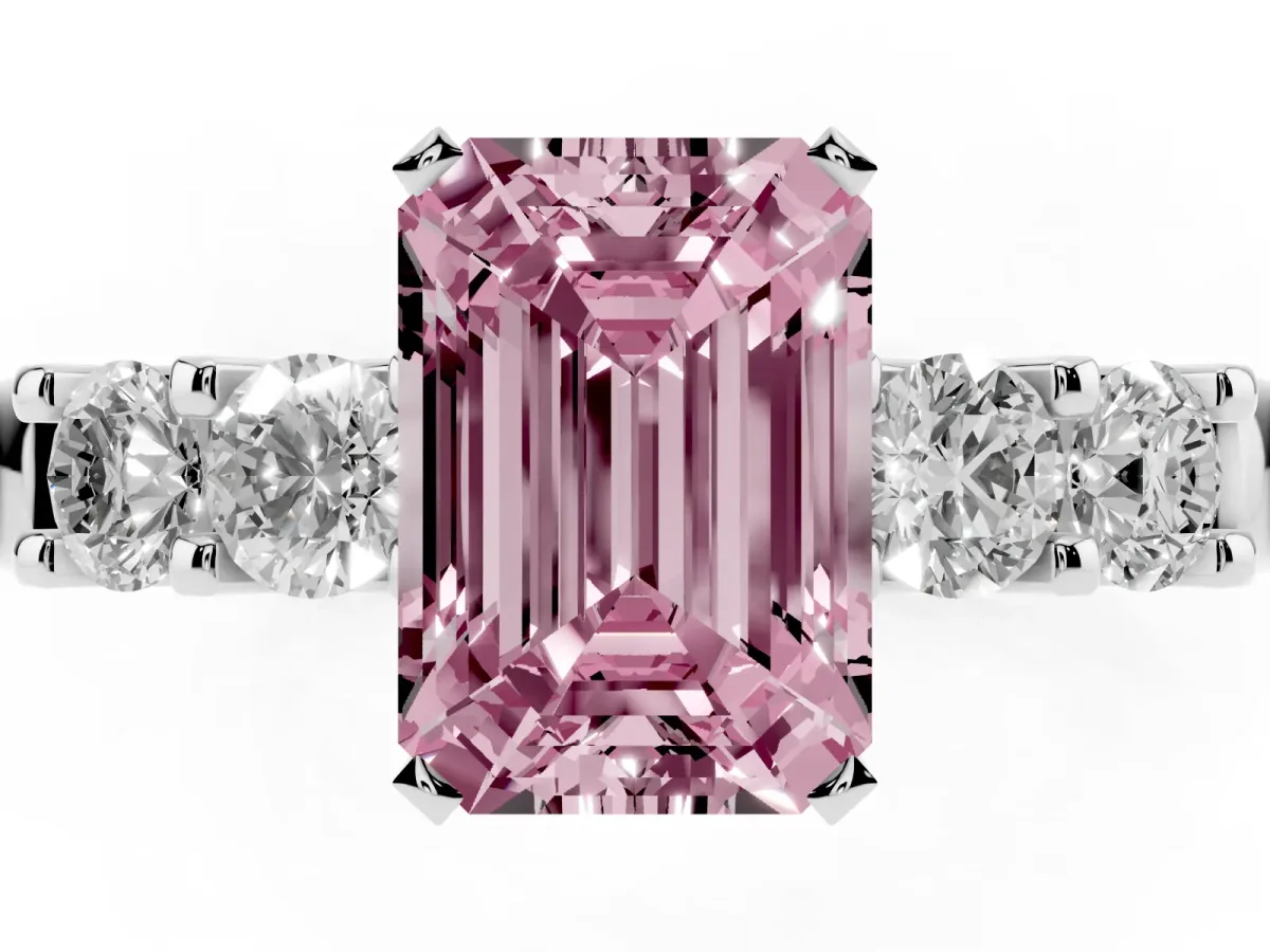 Fancy Pink Emerald Cut Brilliant Cut Diamond Five-Stone Prong Set Engagement Ring with Channel Band Platinum
